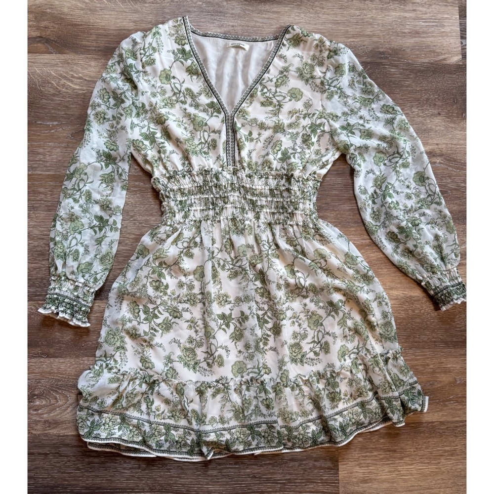 Max Studio Green Floral Smocked V-Neck Mini Dress Long Sleeve Large